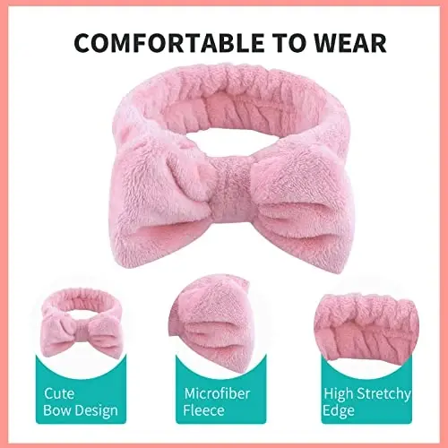 WSYUB 3Pcs Spa Headband, Makeup Headband for Washing Face, Bow Headbands for Women, Fluffy Skincare Headbands Microfiber Bow Knot Hair Band, Pink, Yellow, Dark Blue - 5