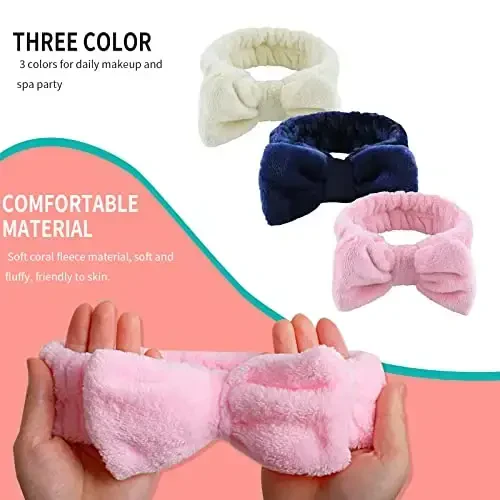 WSYUB 3Pcs Spa Headband, Makeup Headband for Washing Face, Bow Headbands for Women, Fluffy Skincare Headbands Microfiber Bow Knot Hair Band, Pink, Yellow, Dark Blue - 4