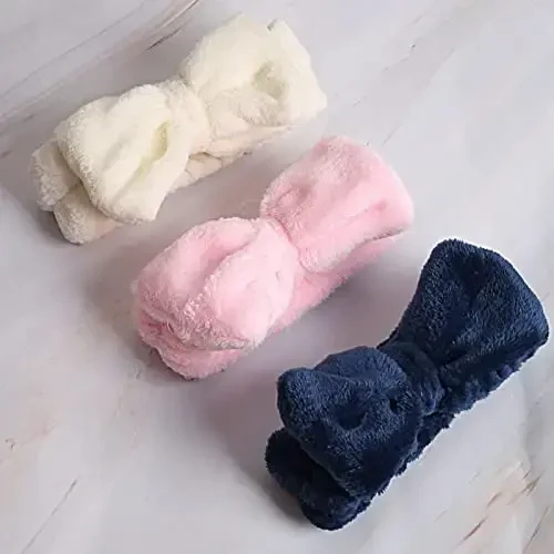 WSYUB 3Pcs Spa Headband, Makeup Headband for Washing Face, Bow Headbands for Women, Fluffy Skincare Headbands Microfiber Bow Knot Hair Band, Pink, Yellow, Dark Blue - 6