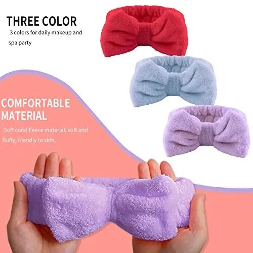 WSYUB Hairband, 3pcs Face Headband with Bow Tie, Soft Microfiber Skincare Band for Washing Face, Shower Headband Spa Headband for Women Girls(Blue, Red, Purple) - WSYUB (1)