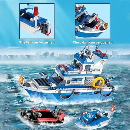 WVINVW City Boat STEM Building Blocks Sets, Compatible with Lego City Police Boat and Ship Playsets, Rescue Boats That Float Toy Building Kit for Boys 6 7 8 9 10 11 12（480 Pcs）, Bule - 4