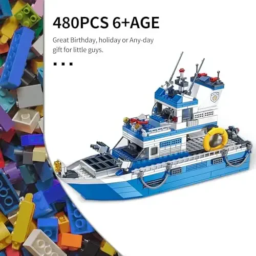 WVINVW City Boat STEM Building Blocks Sets, Compatible with Lego City Police Boat and Ship Playsets, Rescue Boats That Float Toy Building Kit for Boys 6 7 8 9 10 11 12（480 Pcs）, Bule - 5