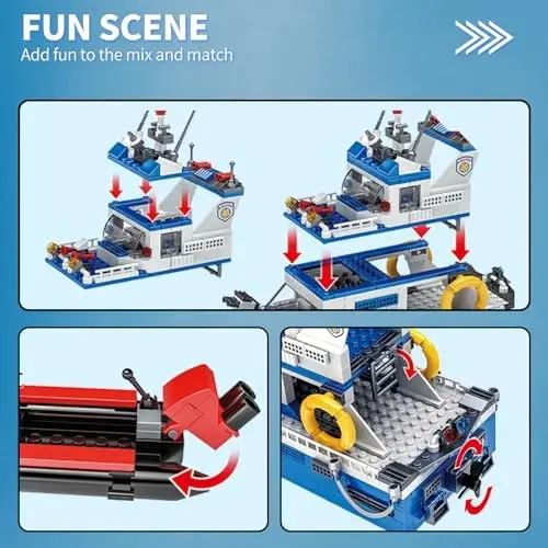 WVINVW City Boat STEM Building Blocks Sets, Compatible with Lego City Police Boat and Ship Playsets, Rescue Boats That Float Toy Building Kit for Boys 6 7 8 9 10 11 12（480 Pcs）, Bule - 3