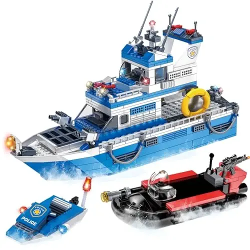 WVINVW City Boat STEM Building Blocks Sets, Police Boat and Ship Playsets, Rescue Boats Toy Building Kit for Boys 6 7 8 9 10 11 12（480 Pcs） 