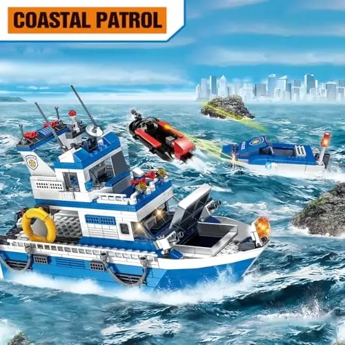 WVINVW City Boat STEM Building Blocks Sets, Police Boat and Ship Playsets, Rescue Boats Toy Building Kit for Boys 6 7 8 9 10 11 12（480 Pcs） - 2