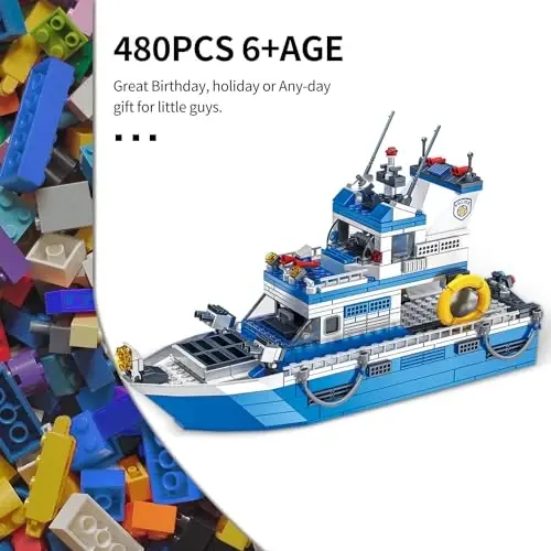WVINVW City Boat STEM Building Blocks Sets, Compatible with Lego City Police Boat and Ship Playsets, Rescue Boats That Float Toy Building Kit for Boys 6 7 8 9 10 11 12（480 Pcs）, Bule - 5
