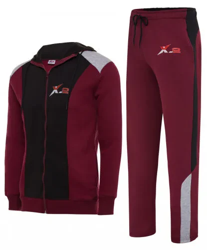 X-2 Erkaklar sport kostyumlari 2 qismli to'plam To'liq fermuarli sport kostyumi Erkaklar kapüşonli sport kostyumi Atletik sport to'plami Qora-Maroon XXXL- - 1