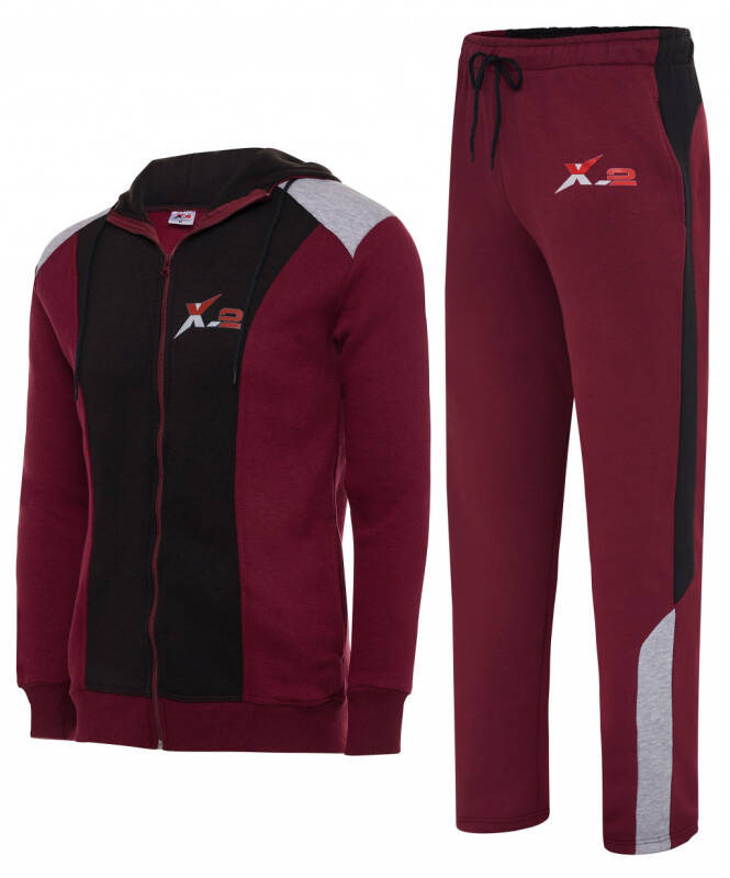 X-2 Erkaklar sport kostyumlari 2 qismli to'plam To'liq fermuarli sport kostyumi Erkaklar kapüşonli sport kostyumi Atletik sport to'plami Qora-Maroon XXXL- - 1