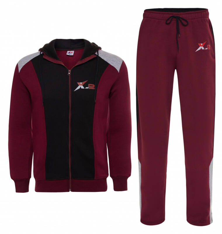 X-2 Men Track Suits 2 Pieces Set Full Zip Sweatsuit Men Hooded Tracksuit Athletic Sports Set Black-Maroon XXXL - 2