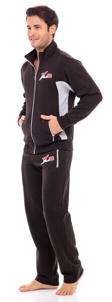 X-2 Mens Athletic Full Zip Fleece Tracksuit Jogging Sweatsuit Gray Side Black XL - 5