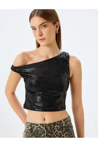 X Inji - Pullu Payetli Kayık Yaka Crop Kolsuz Slim - 1