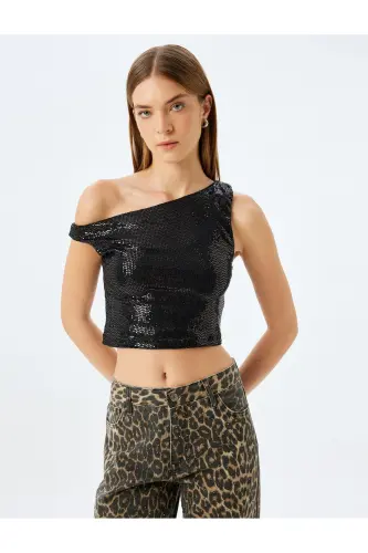 Pullu Payetli Kayık Yaka Crop Kolsuz Slim Fit Bluz - 3