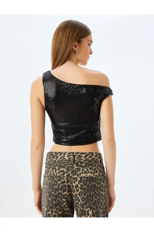 Pullu Payetli Kayık Yaka Crop Kolsuz Slim Fit Bluz - 4