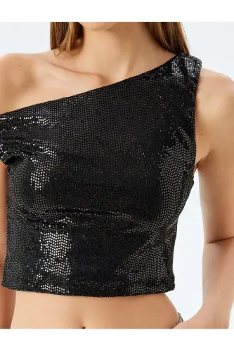 Pullu Payetli Kayık Yaka Crop Kolsuz Slim Fit Bluz - 5