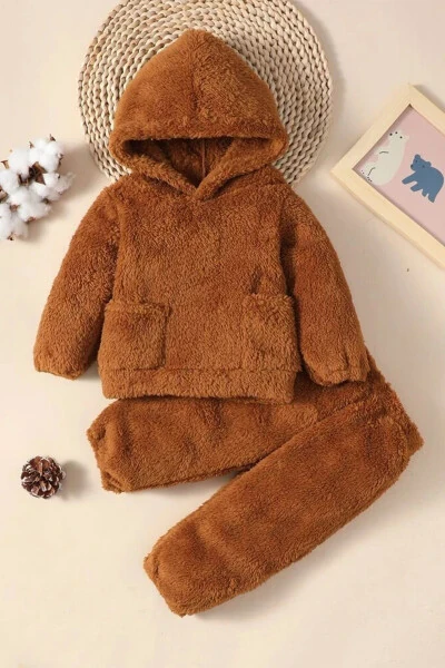 X Ipak Atlas Cho'ntaksiz Plush Kapüşonli Ikki qismli Kostyum - 1