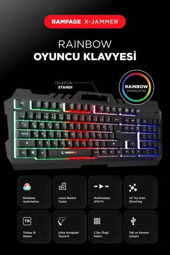 Kb-R57 X-jammer Gökkuşağı Aydınlatmalı Usb Tam Türkçe Gaming Oyuncu Klavyesi - siyah - 1