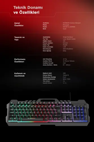 Kb-R57 X-jammer Gökkuşağı Aydınlatmalı Usb Tam Türkçe Gaming Oyuncu Klavyesi - siyah - 8