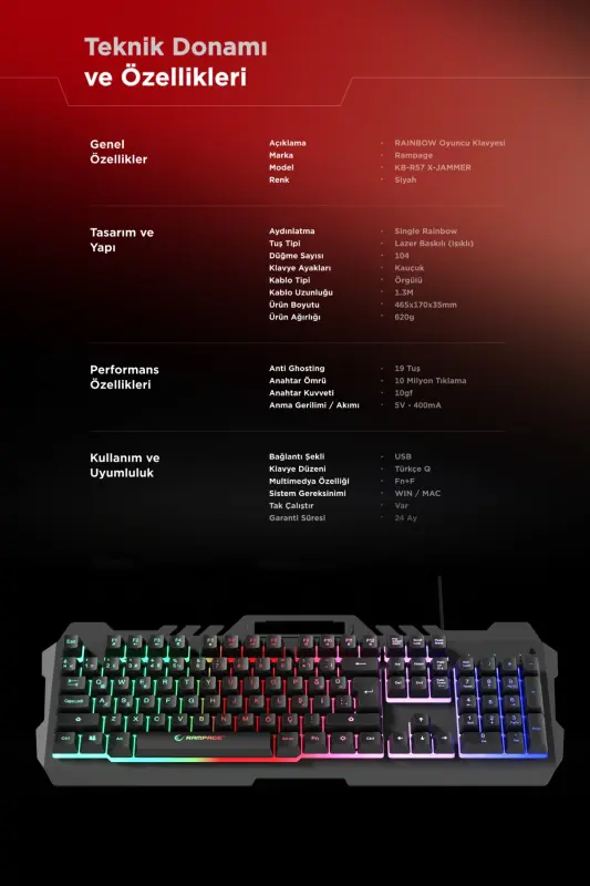 Kb-R57 X-jammer Gökkuşağı Aydınlatmalı Usb Tam Türkçe Gaming Oyuncu Klavyesi - siyah - 8