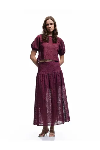 X Melis Ağazat - Cotton Lined Broderie Anglaise Scalloped Short Sleeve Crew Neck Blouse - 1