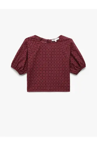 X Melis Ağazat - Cotton Lined Broderie Anglaise Scalloped Short Sleeve Crew Neck Blouse - 4