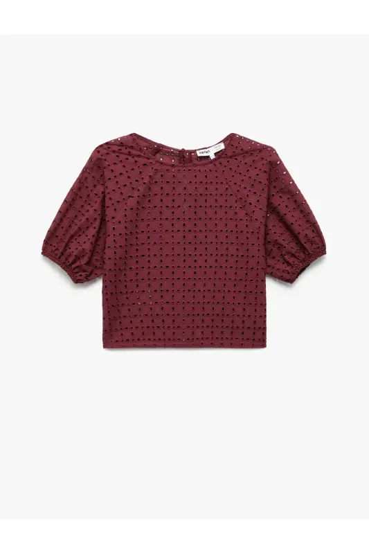 X Melis Ağazat - Cotton Lined Broderie Anglaise Scalloped Short Sleeve Crew Neck Blouse - 4