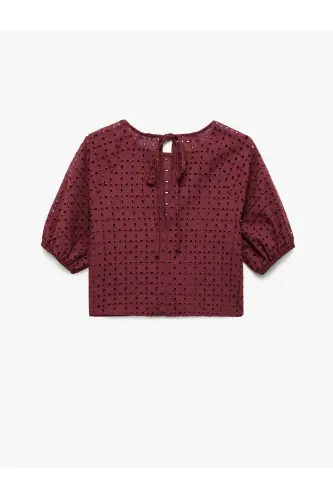 X Melis Ağazat - Cotton Lined Broderie Anglaise Scalloped Short Sleeve Crew Neck Blouse - 5