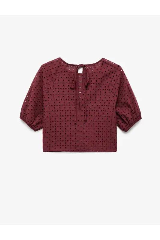 X Melis Ağazat - Cotton Lined Broderie Anglaise Scalloped Short Sleeve Crew Neck Blouse - 5