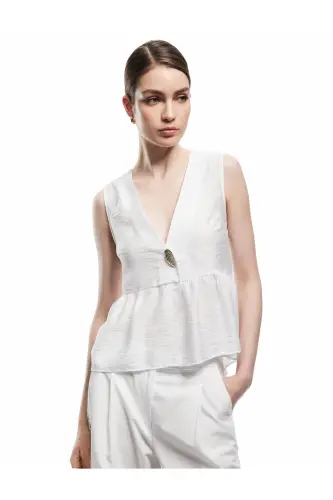X Melis Ağazat - Deniz Kabuğu Aksesuar Detaylı V Yaka Kolsuz Peplum Bluz - Beyaz Desenli - 1
