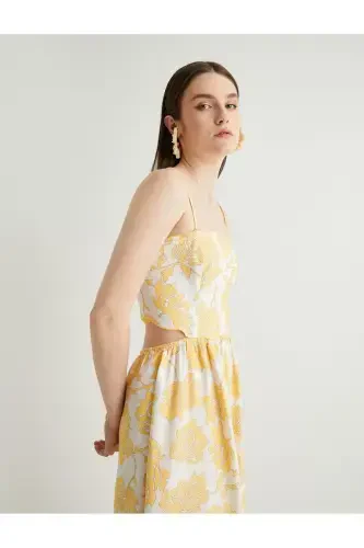 X Melis Ağazat - Midi Boy Çiçekli Elbise Askılı Kloş Viskon Pencere Detaylı - Koton (1)