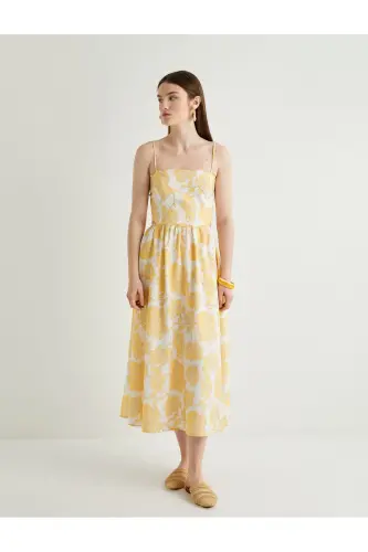 X Melis Ağazat - Midi Length Floral Dress Suspender Flared Viscose Window Detailed - 3