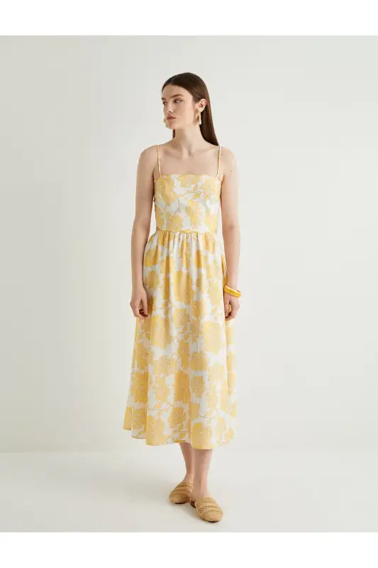 X Melis Ağazat - Midi Length Floral Dress Suspender Flared Viscose Window Detailed - 3