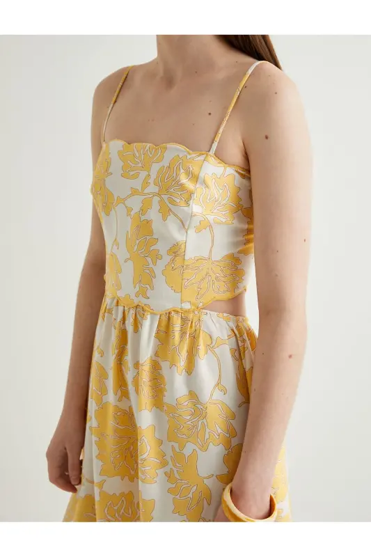 X Melis Ağazat - Midi Length Floral Dress Suspender Flared Viscose Window Detailed - 5