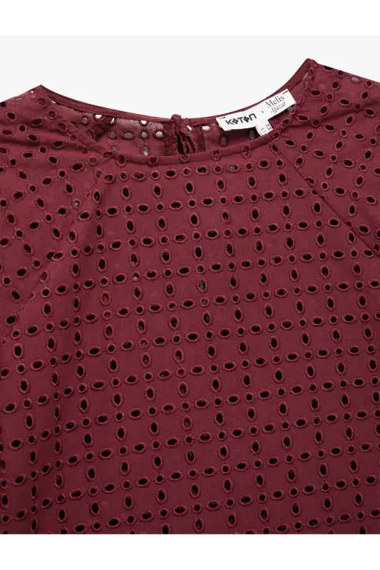 X Melis Ağazat - Pamuklu Astarlı Brodeli Fistolu Kısa Kollu Bisiklet Yaka Bluz - 6