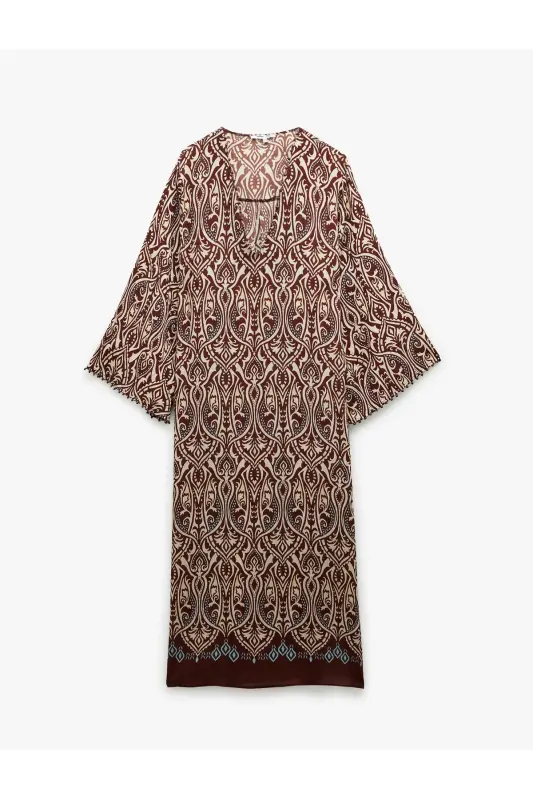 X Melis Ağazat - Slit Detailed Ethnic Patterned Long Wide Sleeve V-Neck Kimono Dress - 3