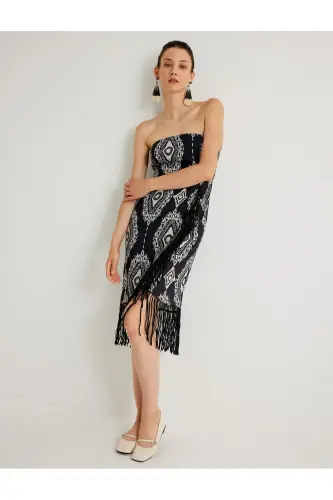 X Melis Ağazat - Strapless Dress Tassel Detailed Midi Length Ethnic Patterned Slim Fit - 1