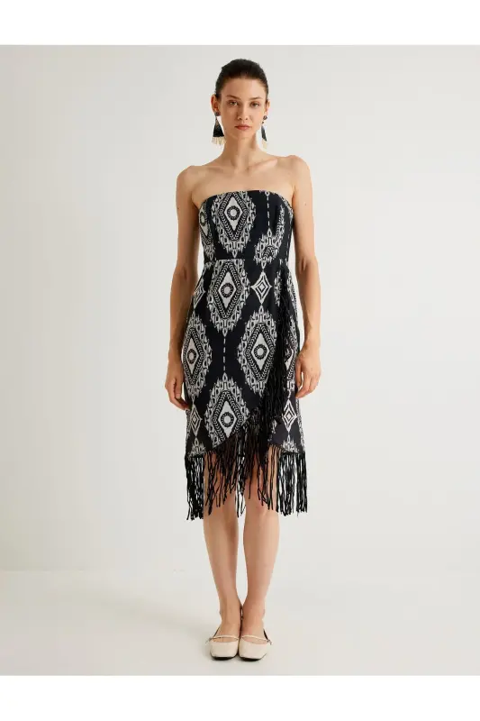 X Melis Ağazat - Strapless Dress Tassel Detailed Midi Length Ethnic Patterned Slim Fit - 3