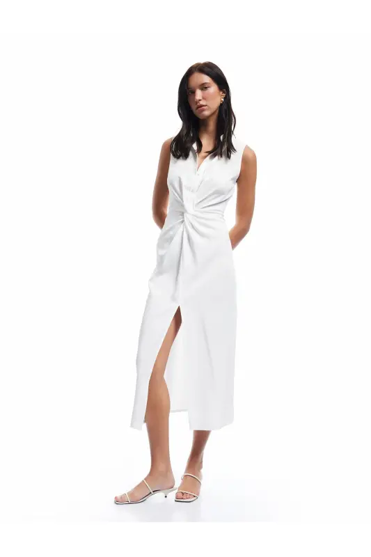 X Sima Tarkan - Drape Detaylı Kolsuz Uzun Gömlek Elbise 5SAK80320PW - KOTON
