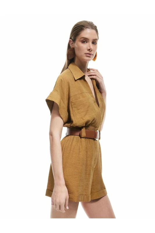 X Sima Tarkan - Viscose Belted Short Sleeve Jumpsuit Shorts - KOTON
