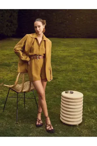 X Sima Tarkan - Viskon Cepli Kemerli Qisqa Yengli Short Kombinezon - 5