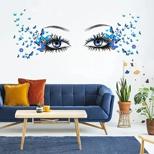 X-xdaonl Blue Eyelash Eyes Wall Stickers - 4 Sheets, Premium Matte Vinyl, Butterfly Decals, Waterproof, for Women Girls Bedroom Living Room Decoration 