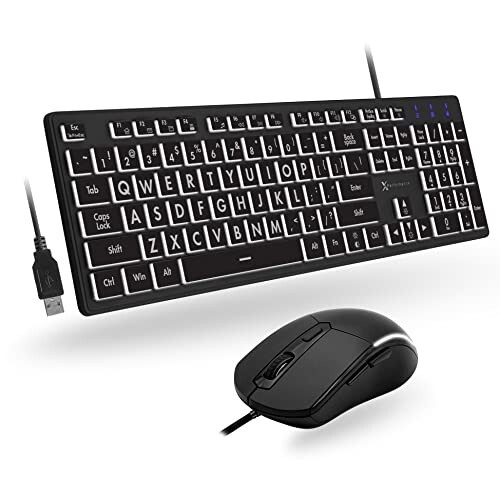 X9 Performance Large Print Lighted Keyboard and Mouse - USB Wired Keyboard and Mouse Combo - Large Letter Backlit Keyboard and Mouse Combo for Elderly, Low Vision, Visually Impaired - 7