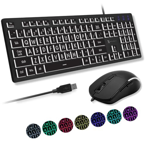 X9 Performance Large Print Lighted Keyboard and Mouse - USB Wired Keyboard and Mouse Combo - Large Letter Backlit Keyboard and Mouse Combo for Elderly, Low Vision, Visually Impaired - 1