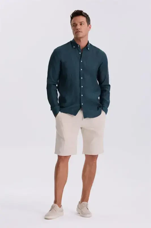 Хаки 100% льняная рубашка с пуговицами воротник Comfort Fit - 1