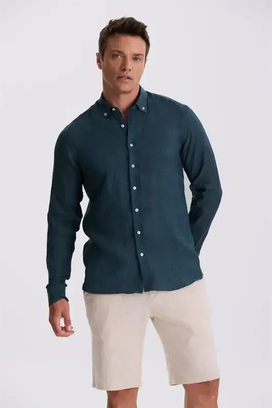 Хаки 100% льняная рубашка с пуговицами воротник Comfort Fit - 2