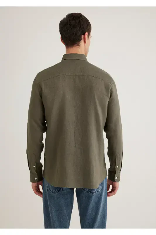 Хаки Льняная Рубашка Slim Fit / Узкий Крой 0211466-715 - 4