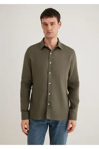 Хаки Льняная Рубашка Slim Fit / Узкий Крой 0211466-715 - 3