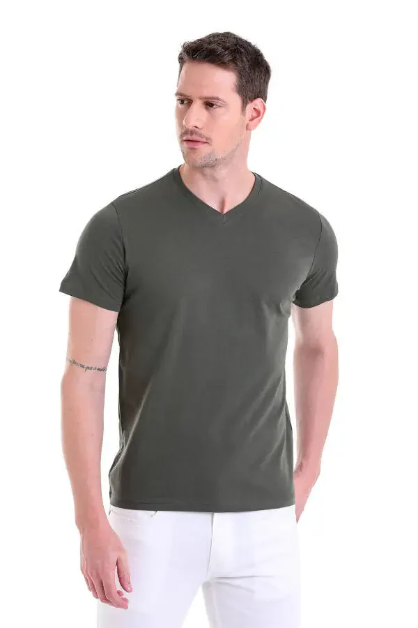 Хаки Однотонный Классический Крой 100% Хлопок Футболка с V-образным Вырезом - Хаки - 3