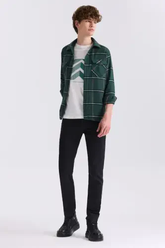 Хаки Over Size Свободного Кроя Клетчатая Хлопковая Рубашка Лесоруба с Карманами - 2