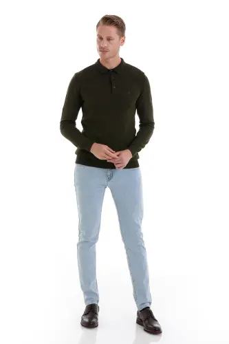 Хаки Regular Fit Düz Polo Yaka Triko Kazak-Haki - HATEMOĞLU (1)