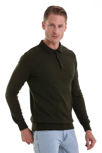 Хаки Regular Fit Düz Polo Yaka Triko Kazak-Haki - 4